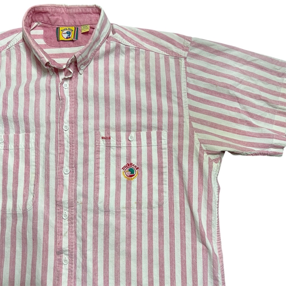 Vtg‎ Duck Head Pink White Stripe Short Sleeve Button Up Shirt Men L Golf Preppy